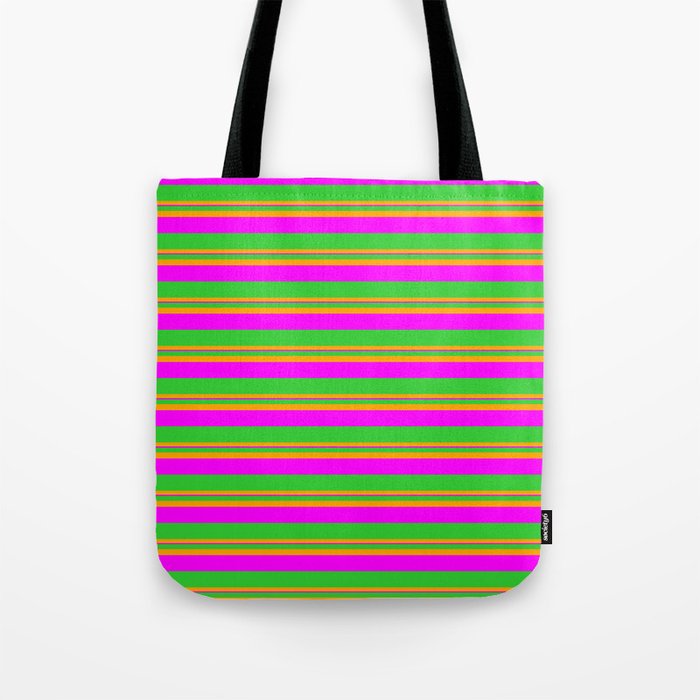 Lime Green, Orange, and Fuchsia Colored Lined Pattern Tote Bag