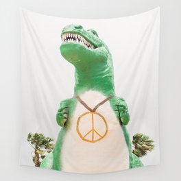 Green T-Rex Cabazon Dinosaur with Peace Sign - Palm Springs Wall Tapestry