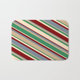 [ Thumbnail: Vibrant Light Slate Gray, Tan, Sea Green, Bisque, and Maroon Colored Lines Pattern Bath Mat ]