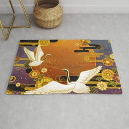 Japanese traditional crane bird and chrysanthemum pattern Rug | Culture, Graphicdesign, Retro, Handdrawn, Japan, Chrysanthemum, Gold, Asian, Painting, Watercolor 