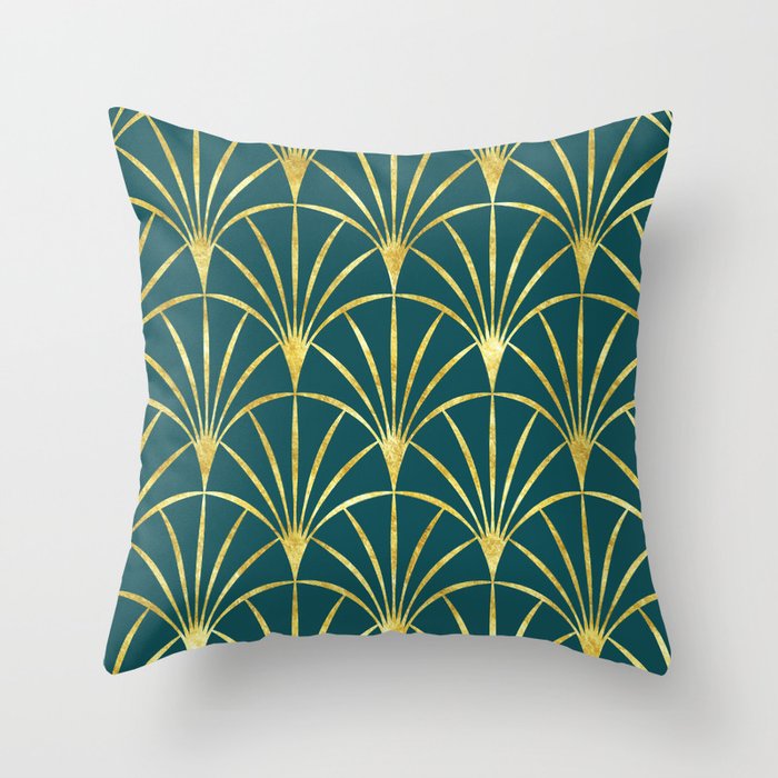 Art Deco fans gold emerald green Throw Pillow