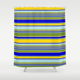 [ Thumbnail: Colorful Powder Blue, Green, Yellow, Slate Gray & Blue Colored Striped Pattern Shower Curtain ]