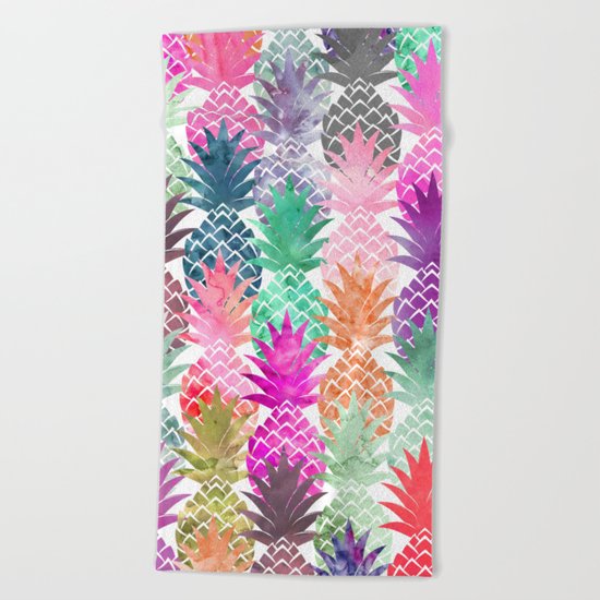 Bright exotic pineapples pastel watercolor pattern Beach Towel