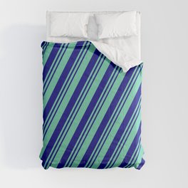 [ Thumbnail: Aquamarine and Blue Colored Lined Pattern Comforter ]