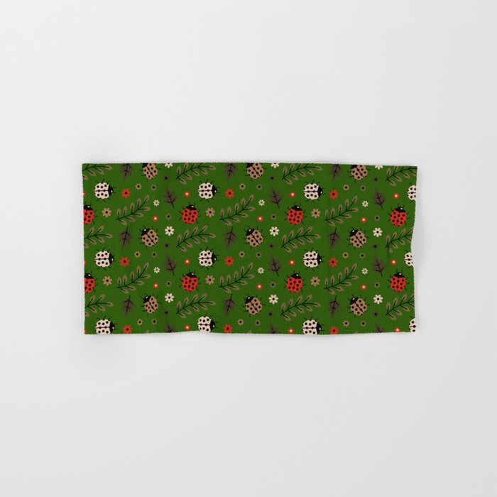 Ladybug and Floral Seamless Pattern on Green Background Hand & Bath Towel