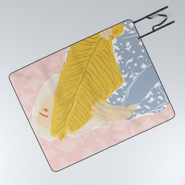 Shy, Blush Tropical Bohemian Banana Leaves Illustration, Feminine Pastel Chic Fashion Woman Picnic Blanket
