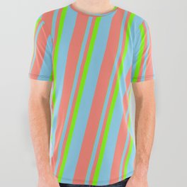 [ Thumbnail: Green, Sky Blue & Salmon Colored Pattern of Stripes All Over Graphic Tee ]