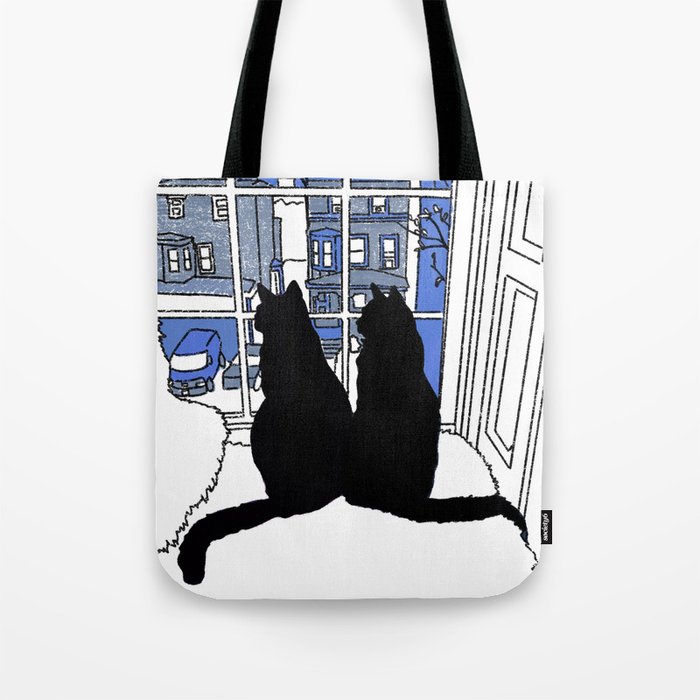 Window Cats At Dusk Silhouette Blue Tote Bag