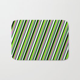 [ Thumbnail: Eye-catching Green, Orchid, Forest Green, Mint Cream & Black Colored Lined Pattern Bath Mat ]
