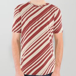 [ Thumbnail: Brown & Beige Colored Lined Pattern All Over Graphic Tee ]