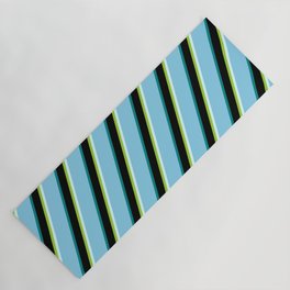 [ Thumbnail: Eye-catching Green, Light Cyan, Sky Blue, Teal & Black Colored Stripes/Lines Pattern Yoga Mat ]