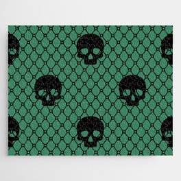 Black skulls Lace Gothic Pattern on Christmas Green Jigsaw Puzzle