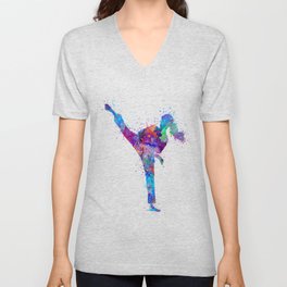 Karate Girl Colorful Martial Arts Gift Watercolor Art V Neck T Shirt