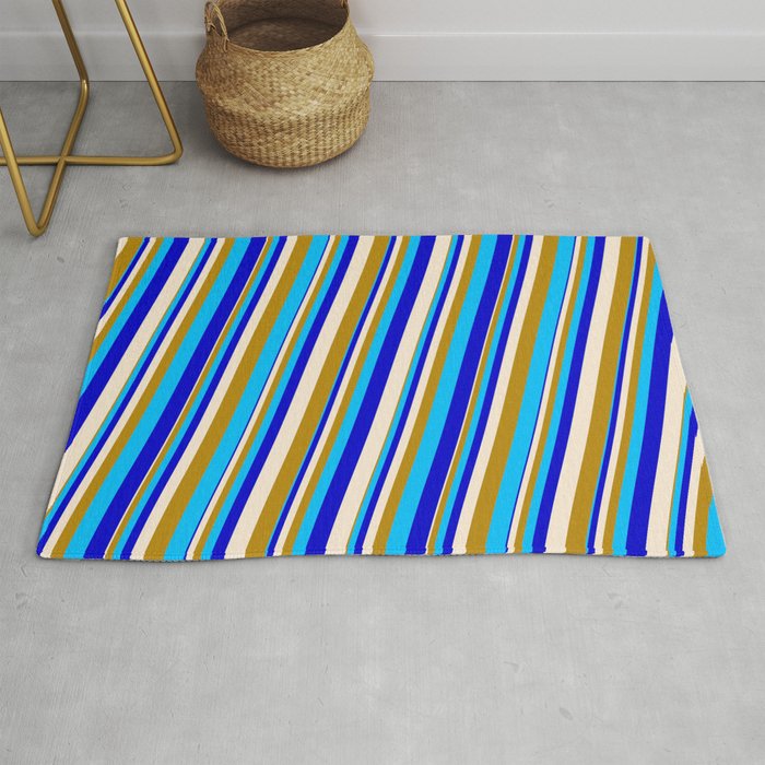 Beige, Dark Goldenrod, Deep Sky Blue & Blue Colored Stripes Pattern Rug