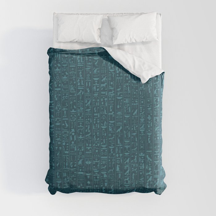 Hieroglyphics Moonstone BLUE / Ancient Egyptian hieroglyphics pattern Duvet Cover