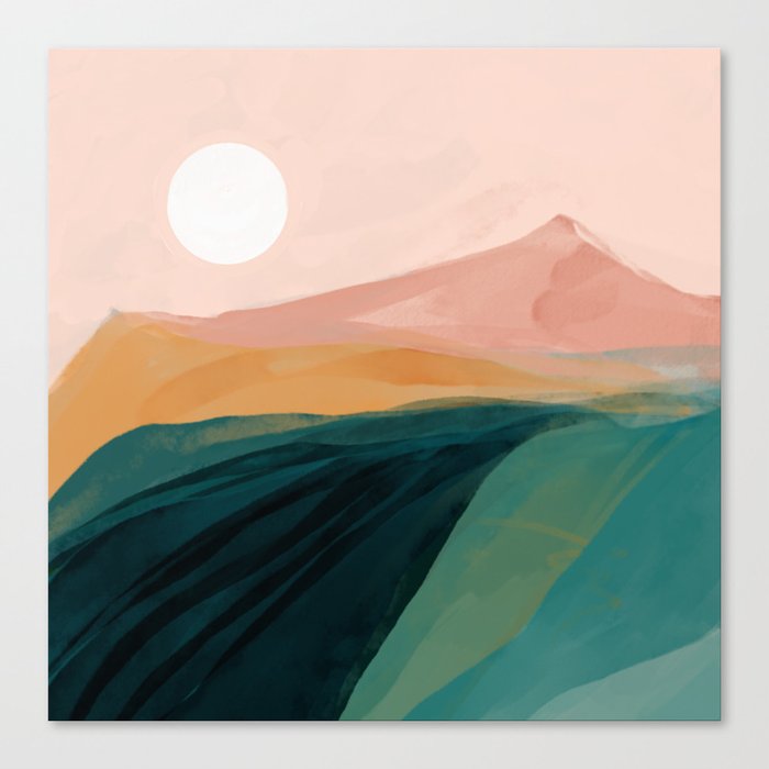 pink, green, gold moon watercolor mountains Canvas Print