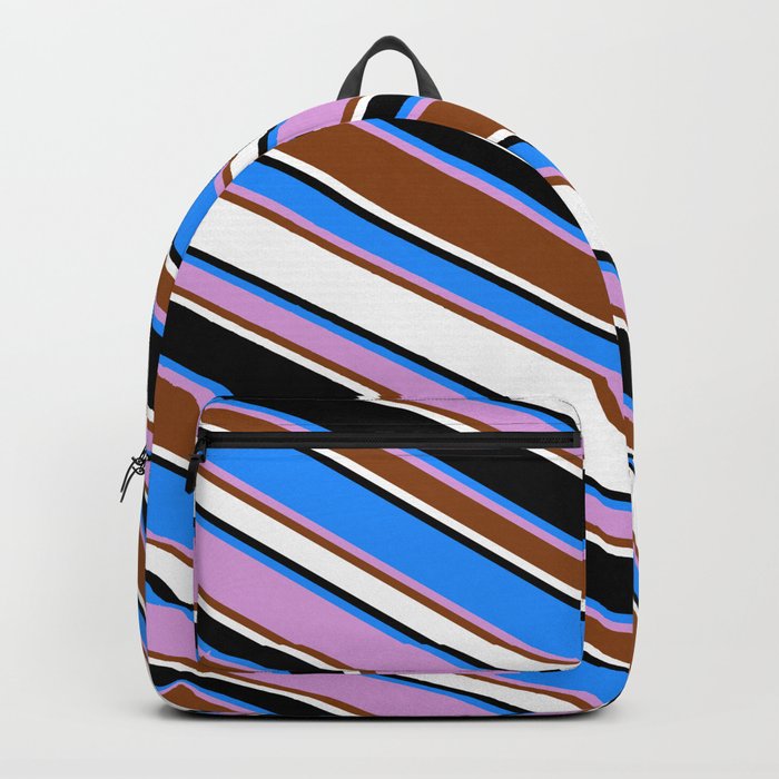 Blue, Plum, Brown, White & Black Colored Lined/Striped Pattern Backpack