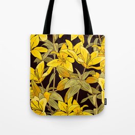 Vintage pattern with yellow lily. Tropical floral print with flowers, buds and leaves Tote Bag