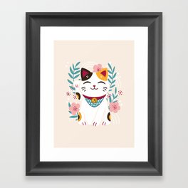 Japanese Lucky Cat with Cherry Blossoms Framed Art Print