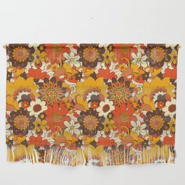 Retro 70s Flower Power, Floral, Orange Brown Yellow Psychedelic Pattern Wall Hanging
