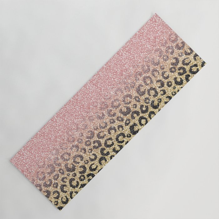 Elegant Rose Gold Glitter Black Leopard Print Yoga Mat by