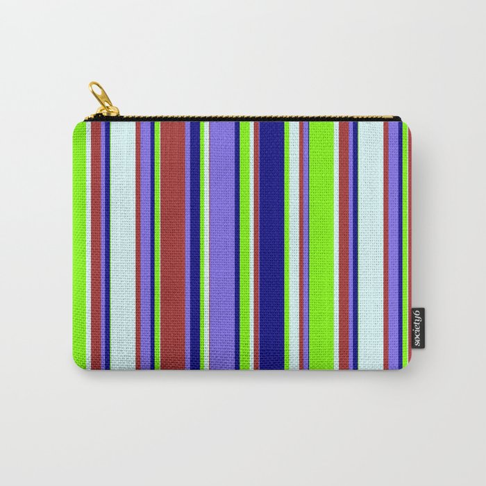 Colorful Brown, Medium Slate Blue, Blue, Chartreuse & Light Cyan Colored Striped/Lined Pattern Carry-All Pouch