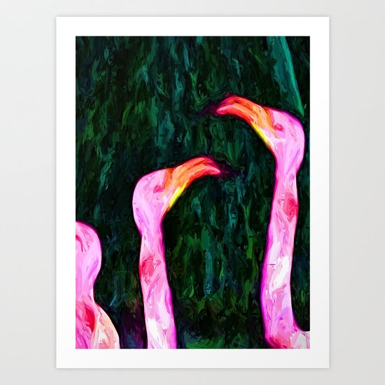 Pink Flamingos and Green Leaves Art Print