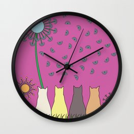 Cats Admire Puff Flowers Wall Clock