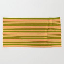 [ Thumbnail: Green & Brown Colored Stripes/Lines Pattern Beach Towel ]
