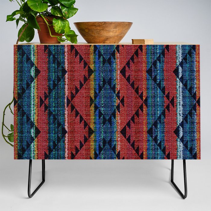 Tribal Pattern on Rustic Coarse Weave Look Colorful Stripes Credenza