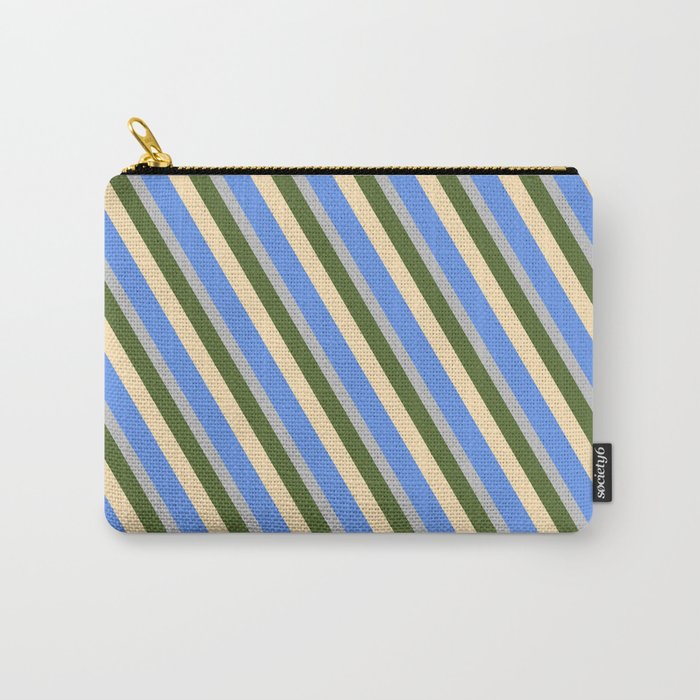 Dark Olive Green, Beige, Cornflower Blue & Grey Colored Lines Pattern Carry-All Pouch