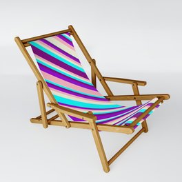 [ Thumbnail: Dark Violet, Light Pink, Beige, Cyan, and Purple Colored Lines Pattern Sling Chair ]