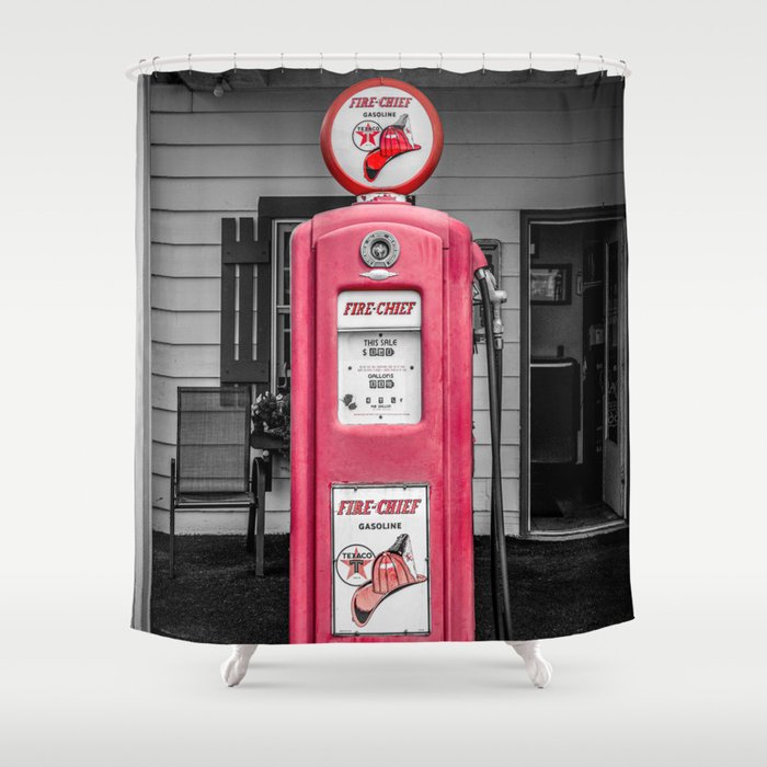 Vintage Route 66 Antique Fire Chief Red Gas Pump Shower Curtain