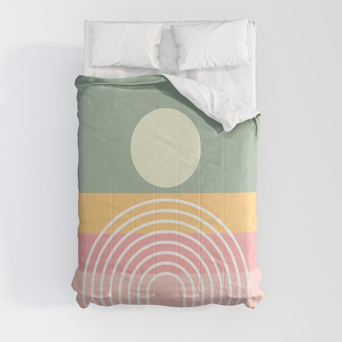 Geometric Rainbow Sun Abstract 16 in Sage Gold Pale Pink Comforter