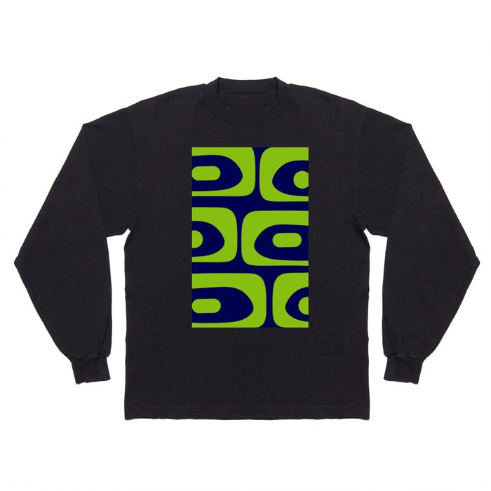 Mid Century Modern Piquet Abstract Pattern in Lime Green and Bright Navy Blue Long Sleeve T Shirt