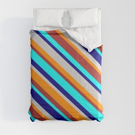 [ Thumbnail: Colorful Cyan, Blue, Light Gray, Dark Orange & Brown Colored Stripes/Lines Pattern Comforter ]