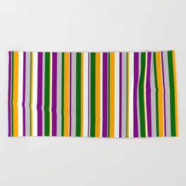 [ Thumbnail: Colorful Grey, Purple, Mint Cream, Orange, and Dark Green Colored Stripes/Lines Pattern Beach Towel ]
