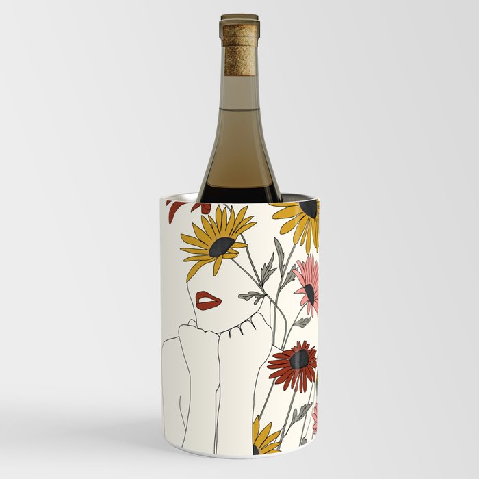 Colorful Thoughts Minimal Line Girl with Sunflowers Wine Chiller