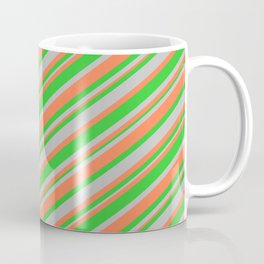 [ Thumbnail: Coral, Lime Green, and Grey Colored Striped Pattern Coffee Mug ]