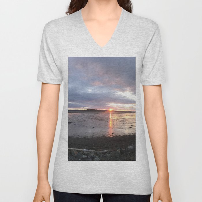 Panoramic Sunset on the Cove V Neck T Shirt