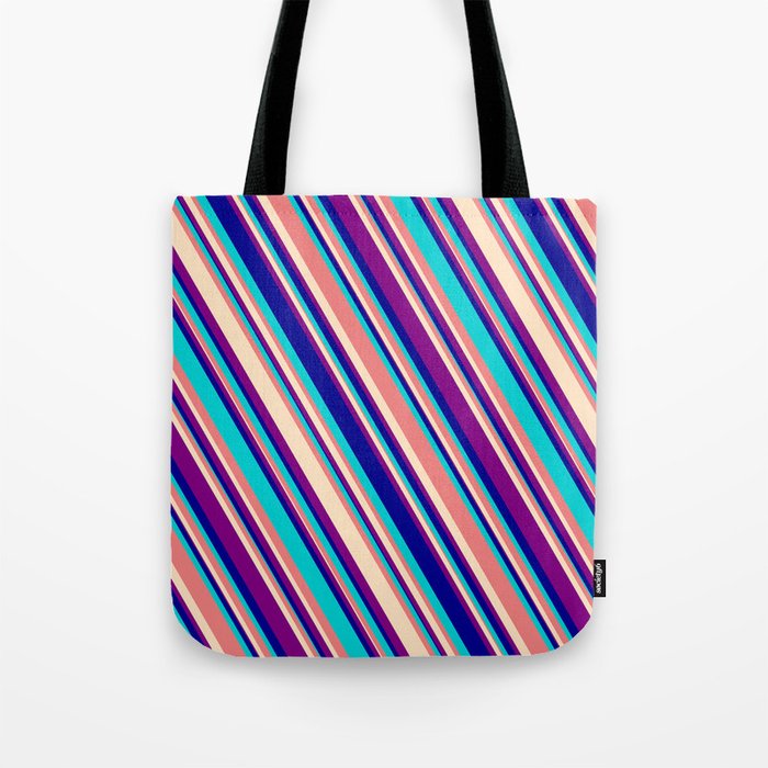Light Coral, Bisque, Purple, Dark Blue, and Dark Turquoise Colored Lined/Striped Pattern Tote Bag