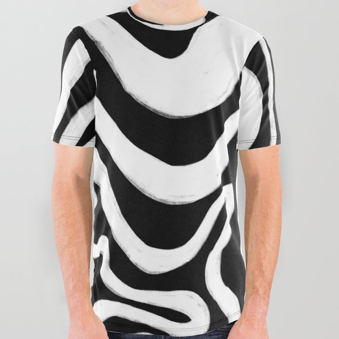 70s Black and White Liquid Swirl All Over Graphic Tee