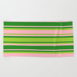 [ Thumbnail: Forest Green, Green, and Light Pink Colored Lined Pattern Beach Towel ]