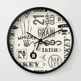 Seamless pattern with types of whiskey and hand drawn lettering. Vintage drawing. Vintage Illustration Wall Clock