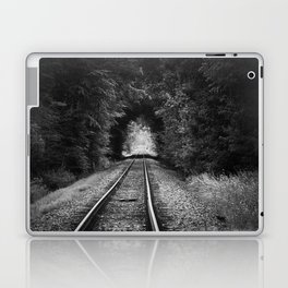 Don't go riding on the long black train; lonely railroad tracks through natural tunnel of leafy trees black and white photograph - photography - photographs Laptop Skin