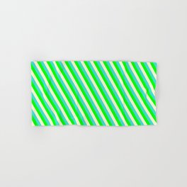 [ Thumbnail: Turquoise, Lime & Light Yellow Colored Lines/Stripes Pattern Hand & Bath Towel ]