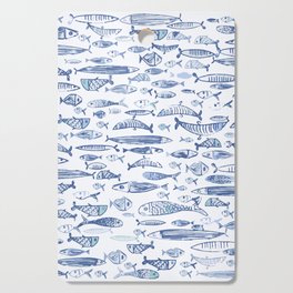 Fishes pattern, classic, sea, ocean, underwater, water, pattern, fishes, fish, whales, nautical, white-blue, painting, digital, stripes, summer, beach, sharks, navy, blue,  Cutting Board