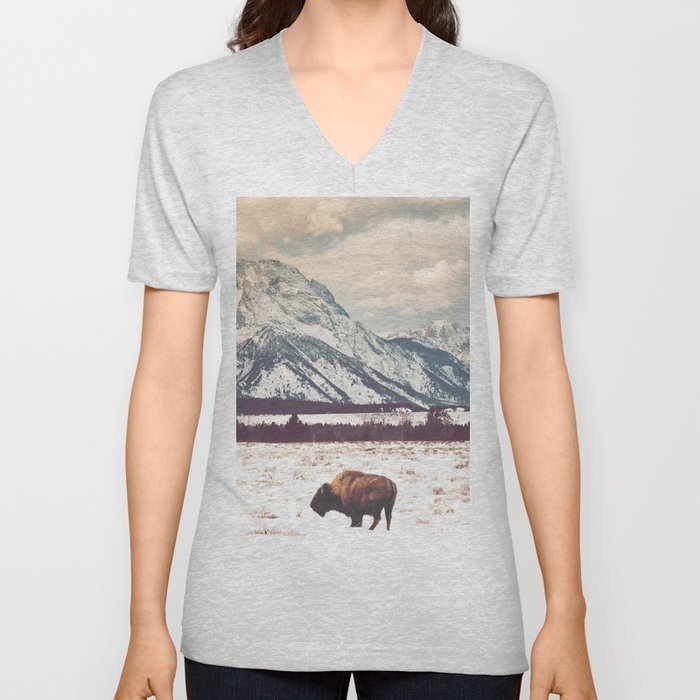 Bison and Tetons V Neck T Shirt