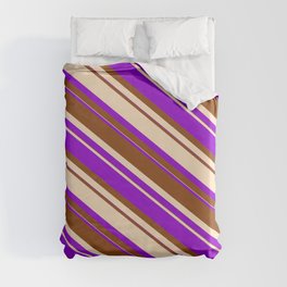 [ Thumbnail: Dark Violet, Brown & Bisque Colored Striped Pattern Duvet Cover ]