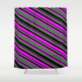 [ Thumbnail: Fuchsia, Forest Green & Black Colored Lines/Stripes Pattern Shower Curtain ]